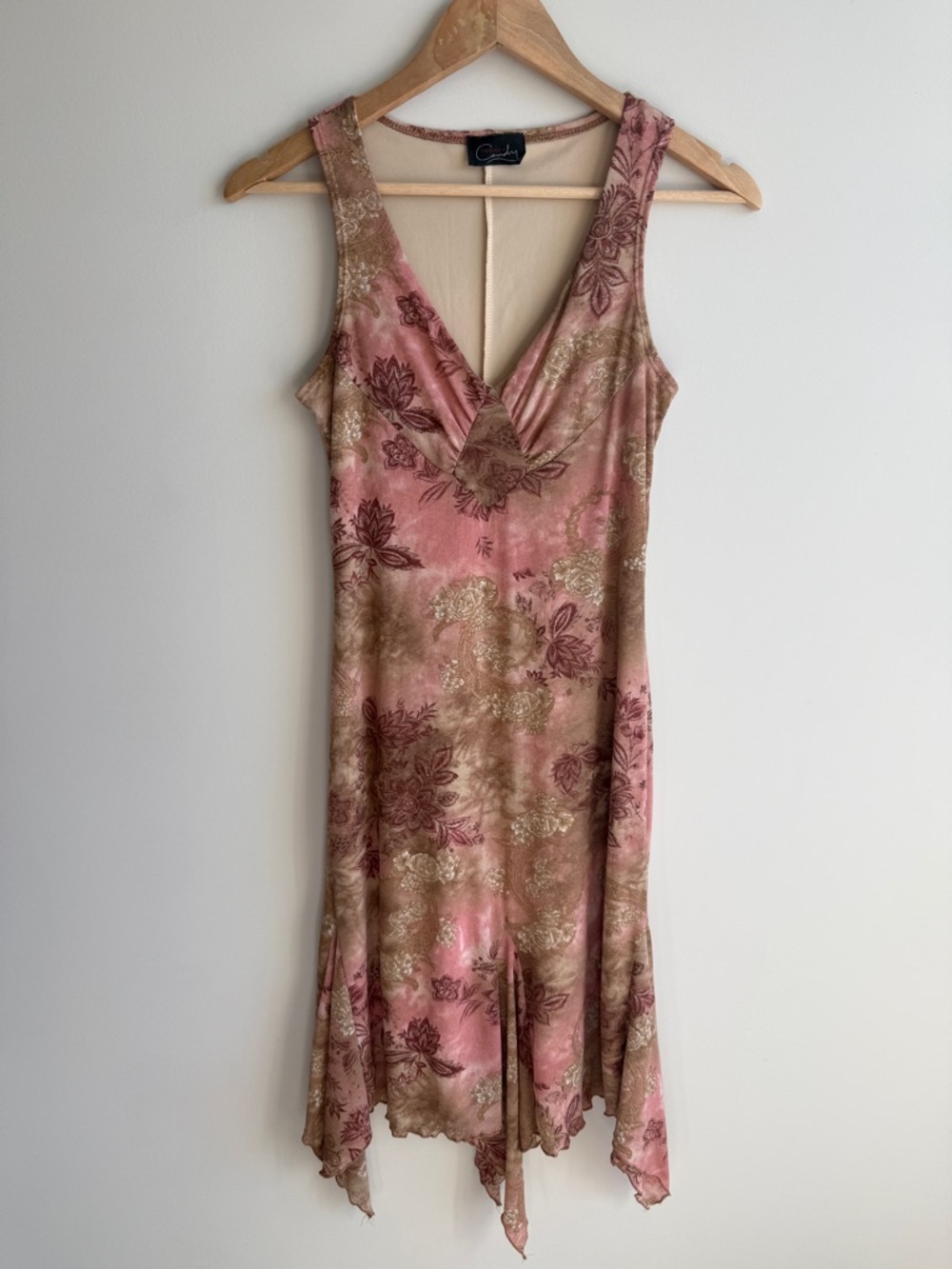 Candy Rocket 90s Pink and Tan Floral Handkerchief Hem Dress